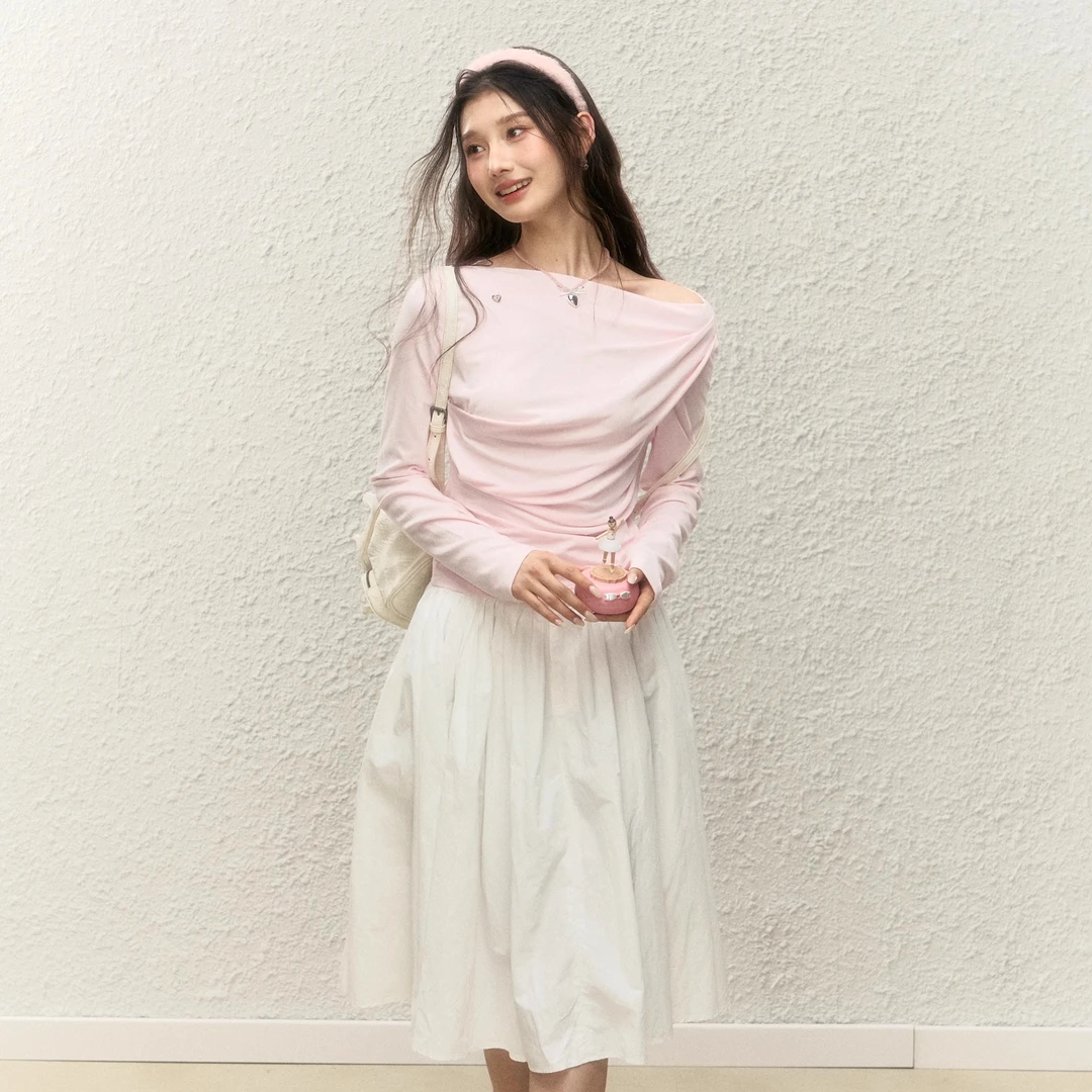 【专属】ELEVEN SLEEP秋季韩系设计感褶皱斜肩女纯欲风保暖打底上衣