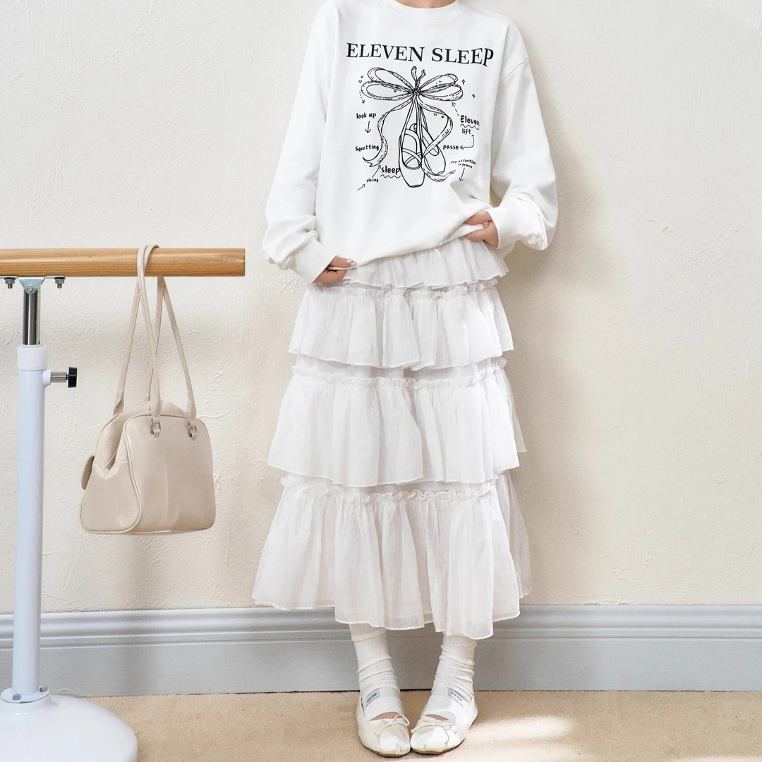 ELEVEN SLEEP秋季简约多层蛋糕裙甜美高级感半身裙a字白色长裙女