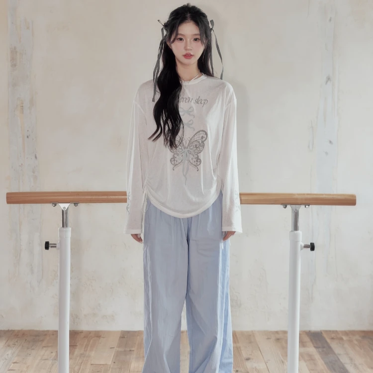 ELEVEN SLEEP夏季凉感罩衫女蝴蝶印花莱赛尔圆领长袖轻薄显瘦上衣