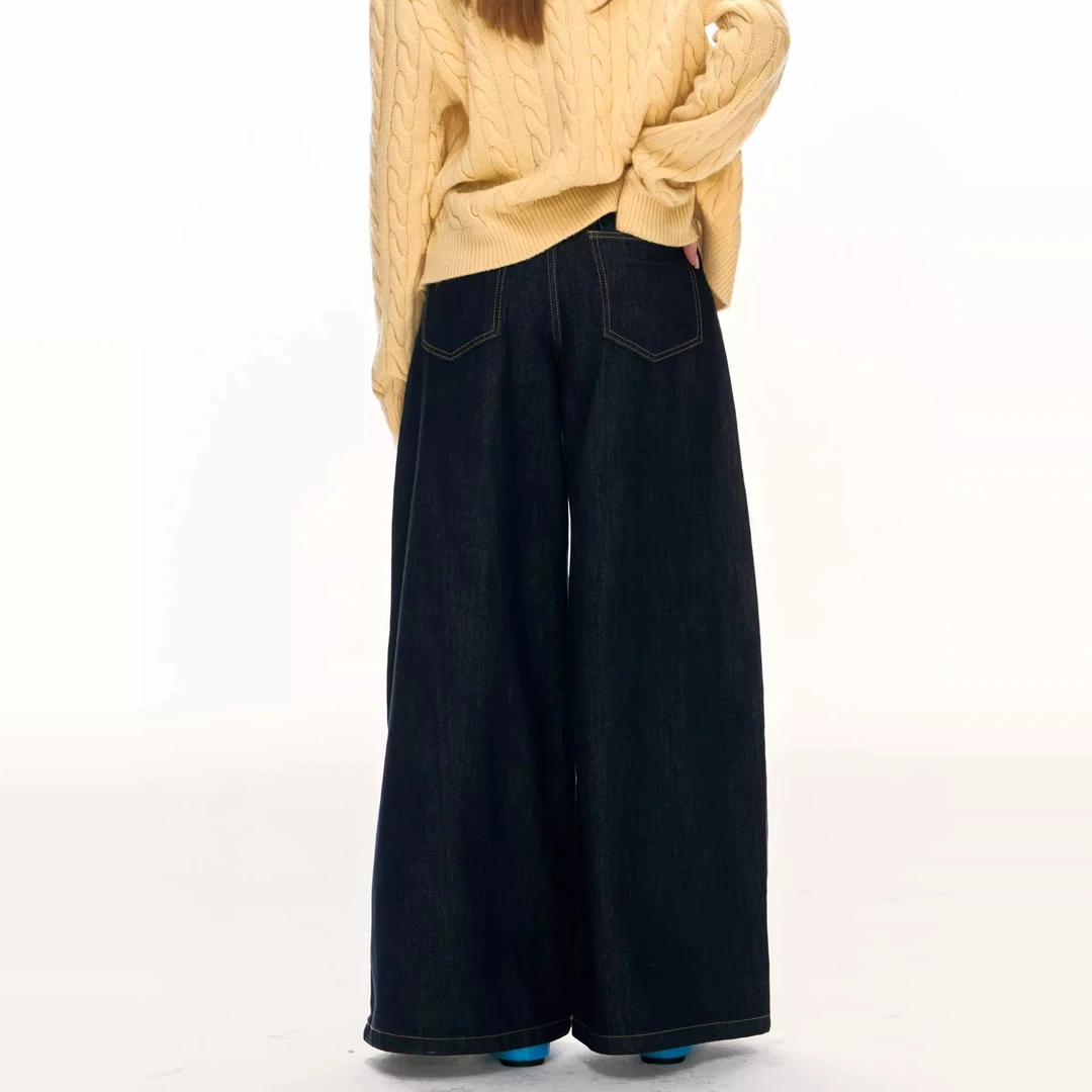 ELEVEN SLEEP秋冬蓝色阔腿牛仔长裤女美式高腰宽松拖地牛仔裤
