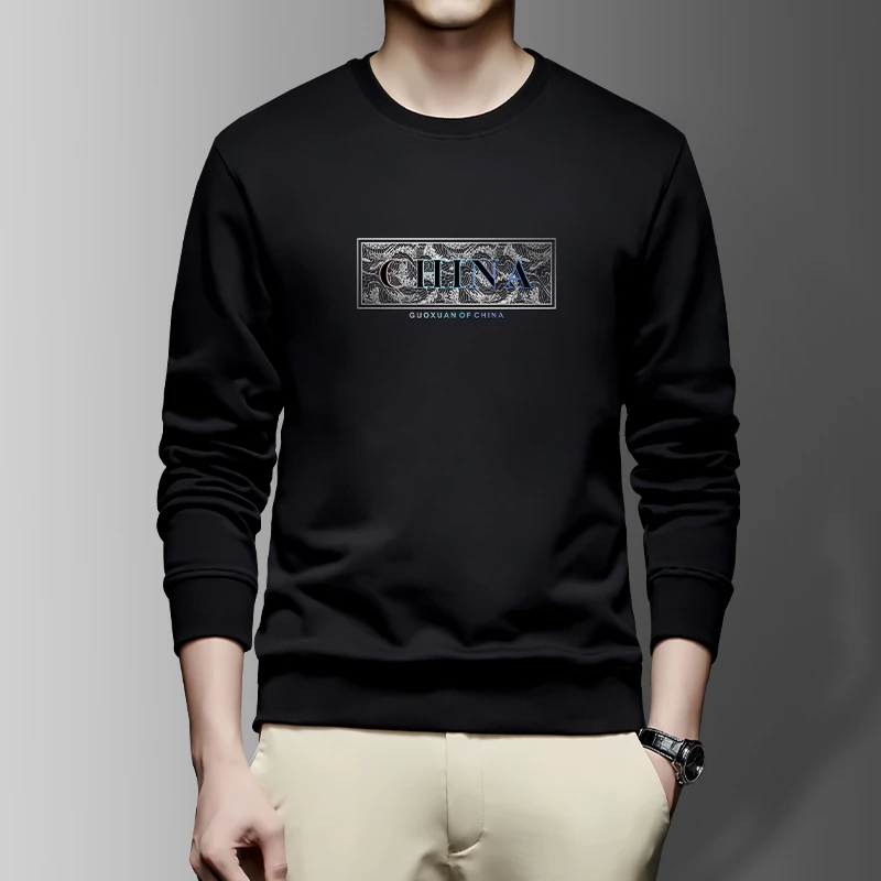 秋冬季新国潮男士卫衣圆领加绒保暖休闲百搭长袖t恤男上衣GX8时尚