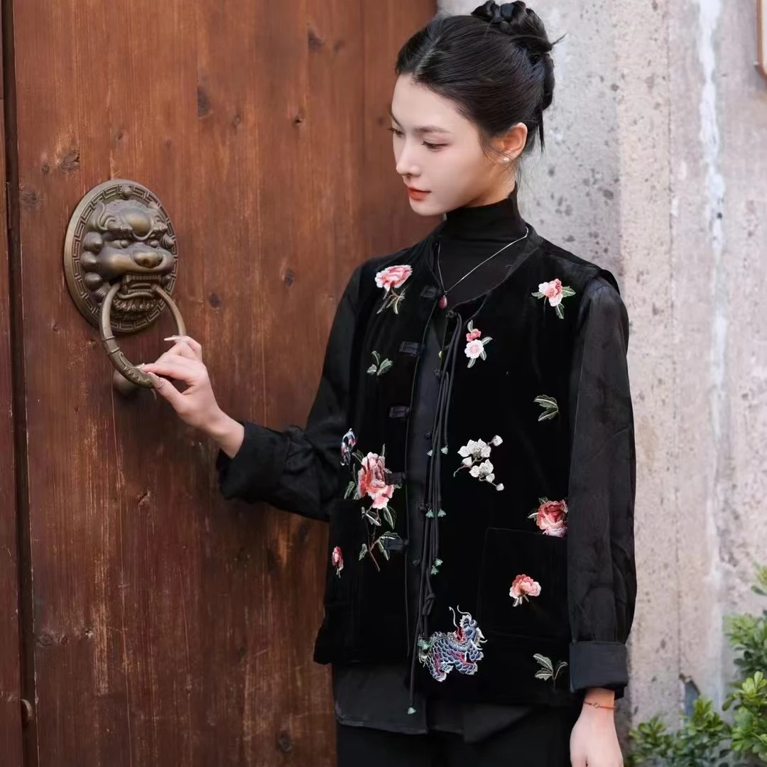 【繁花似锦】新中式国风重工刺绣马甲2024圆领丝绒气质复古无袖马甲