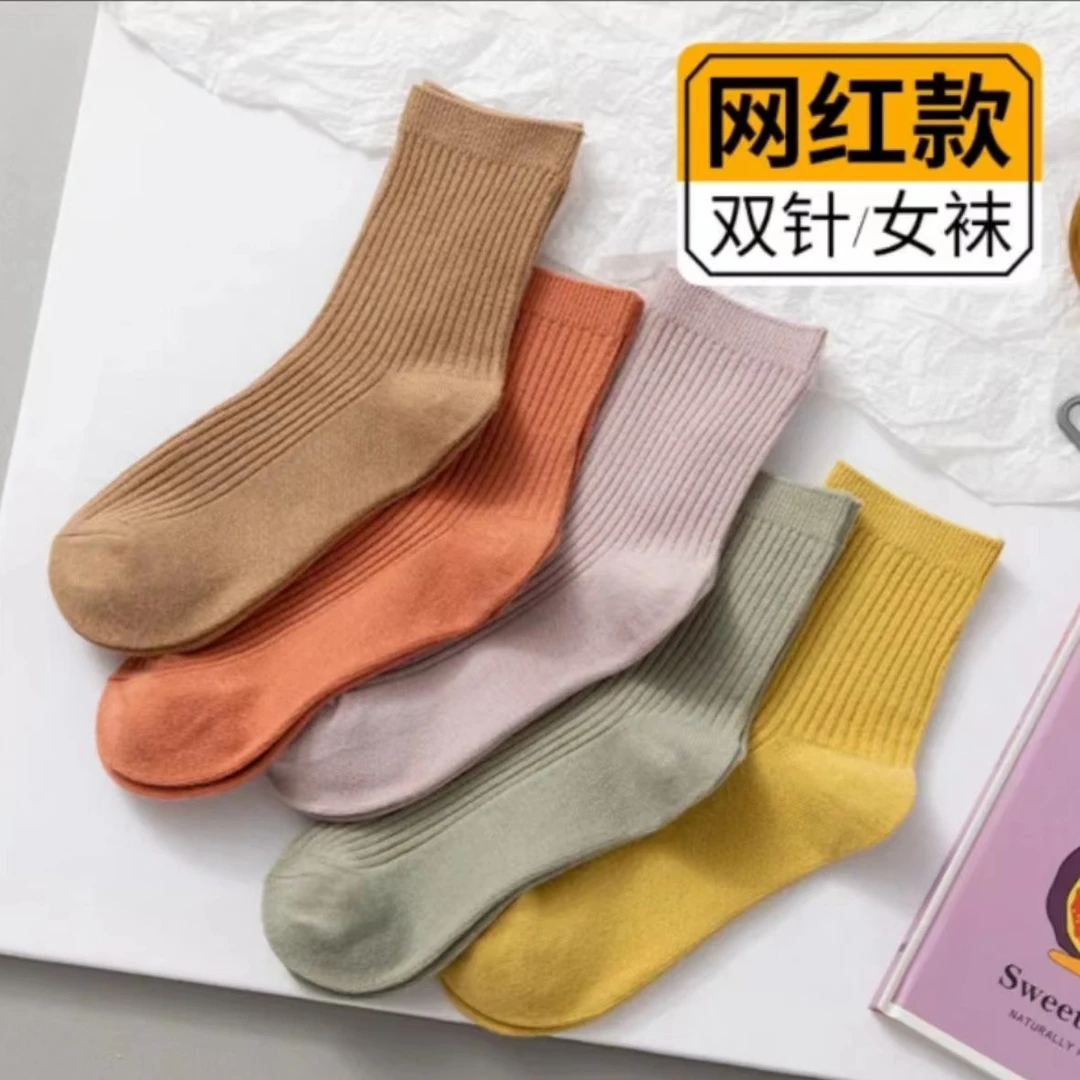 女秋冬中筒棉袜 经典条纹ins风糖果色棉线中高筒袜子 透气防汗女