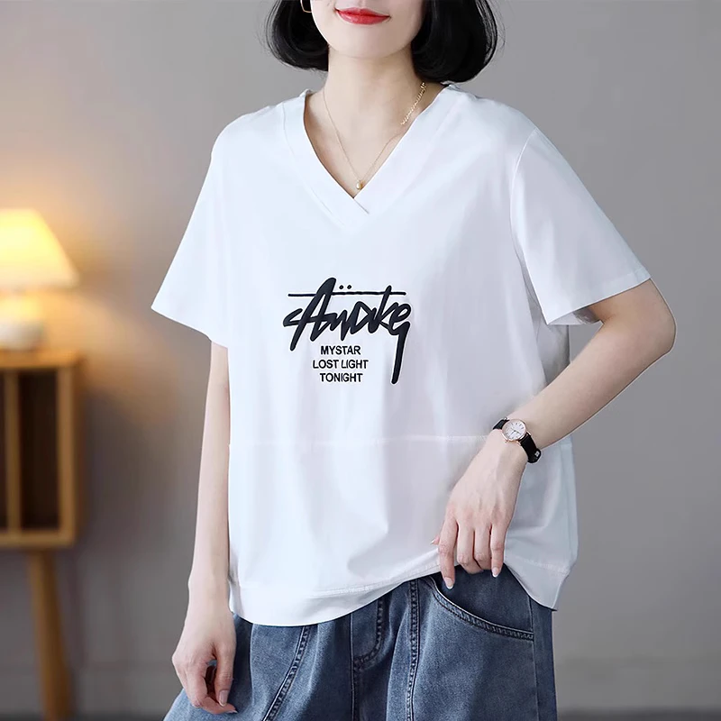 V领短袖T恤女宽松2025夏季新款纯色半袖体恤减龄纯色早春95棉上衣