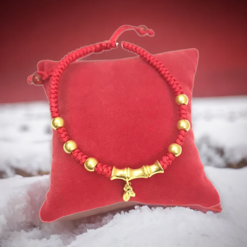 足金节节高竹节编织手串红色编绳手工时尚宝宝古法磨砂金手链真金