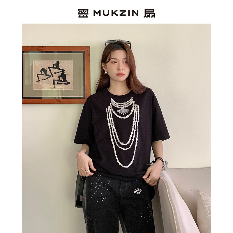 密扇龙赢天下胶印仿真珍珠黑色白色百搭短袖T恤M24AA02002