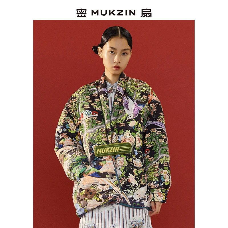 密扇中国风宽松休闲印花短款双面羽绒服M81328004001