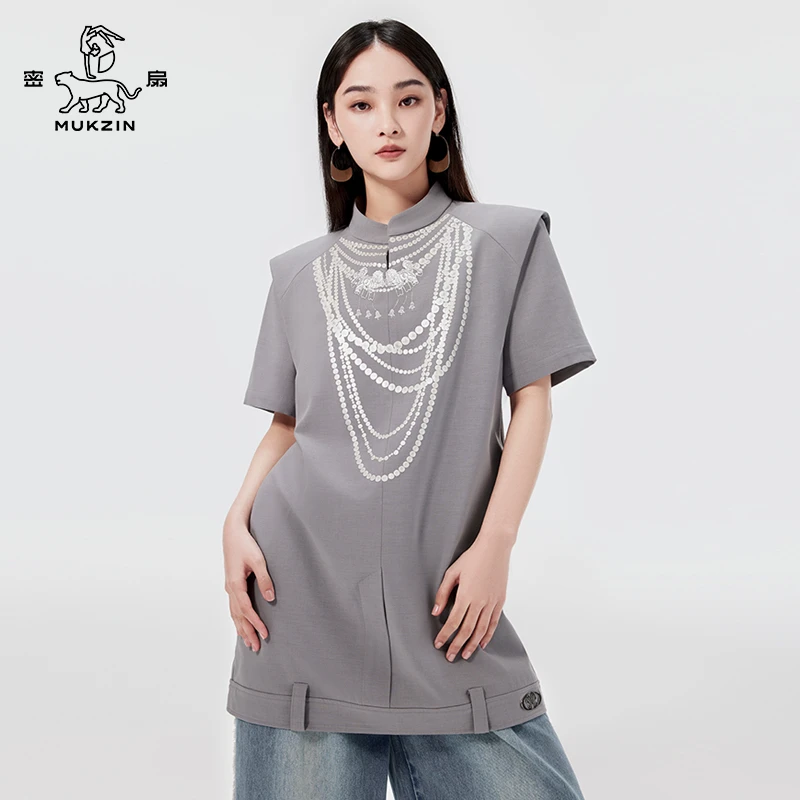 密扇宽松短袖胶印珍珠连衣裙M24BA04005201灰色