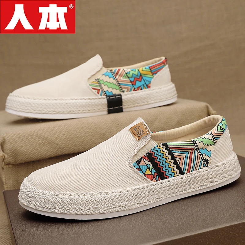 人本男鞋2025新款薄款透气男士休闲低帮懒人一脚蹬软底老北京布鞋