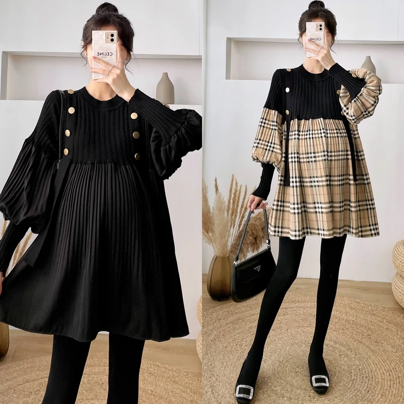 孕妇装秋冬时尚网红针织拼接灯笼袖遮肚显瘦宽松孕妇上衣百褶裙