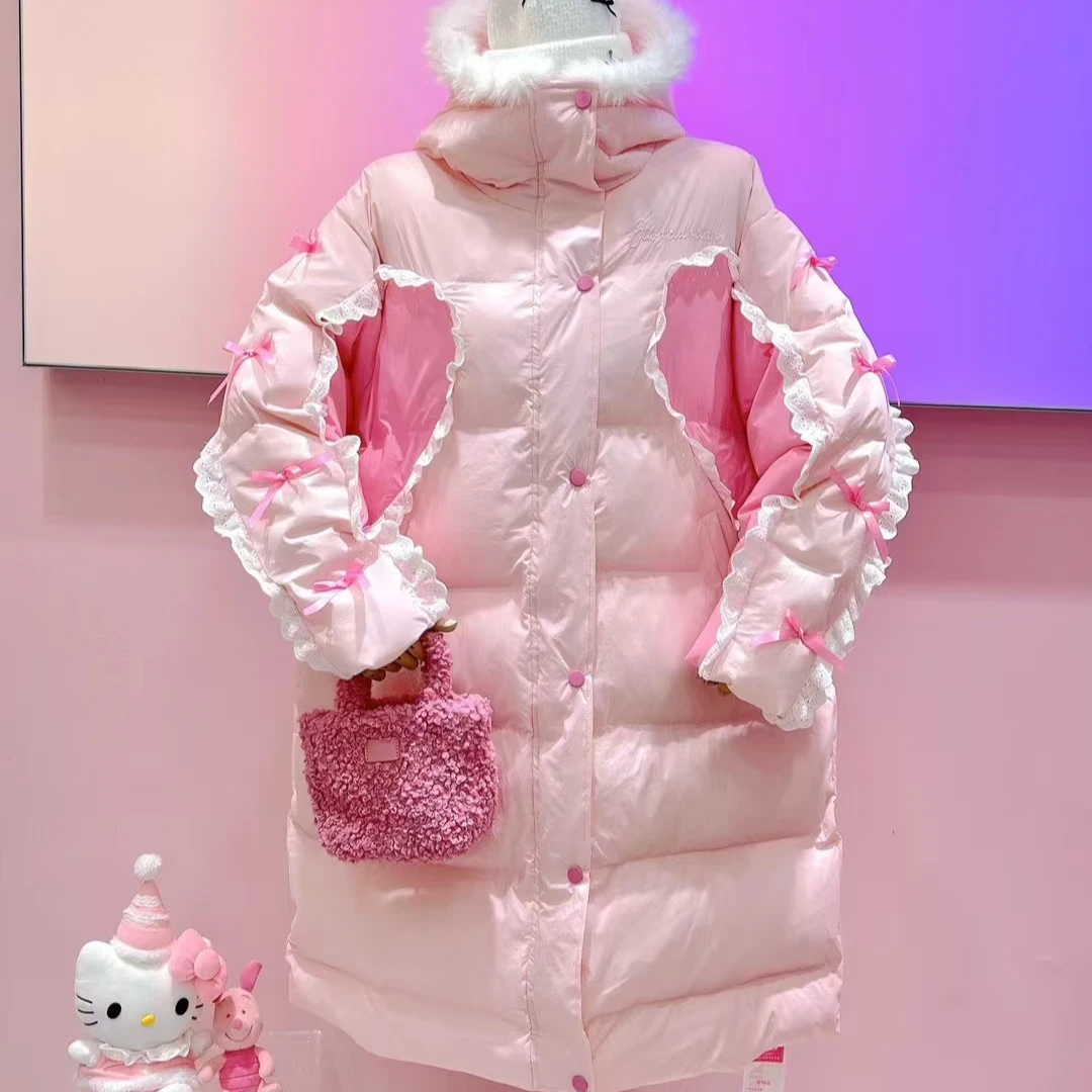 【纯熙+】16063冬季新款木耳边蝴蝶结连帽棉服外套女韩版宽松