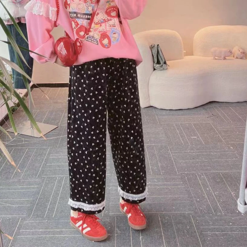 【纯熙+】90609秋冬新款心形加绒灯芯绒蕾丝直筒休闲裤女韩版宽松