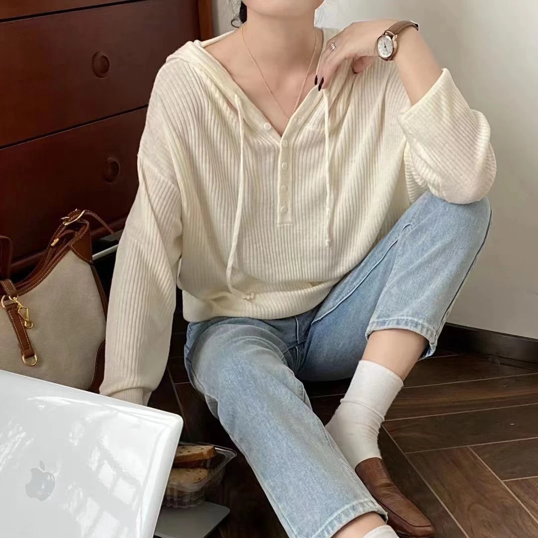 2024春季时尚纯色套头连帽百搭休闲天丝针织韩版简约风长袖宽松