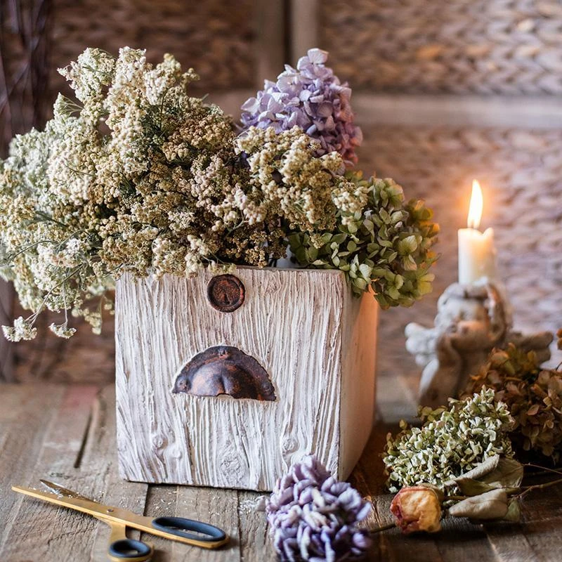 水泥木抽屉盒子花盆花器杂货花园复古干花盆栽创意侘寂风手工