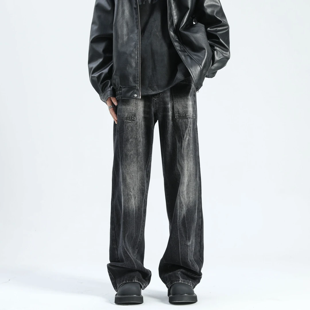 Jaaniste春秋美式潮牌牛仔裤男宽松直筒高街复古水洗设计感长裤子