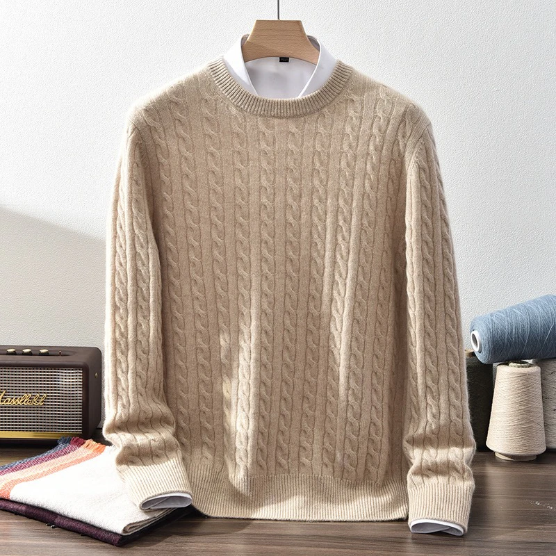 男士双股加厚圆领全身麻花拉夫款不缩水不变形100%山羊绒410克