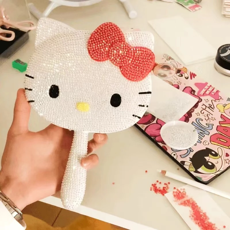 hellokitty镜子 粘贴钻DIY镶钻KT猫化妆镜网红卡通手持镜创意礼物