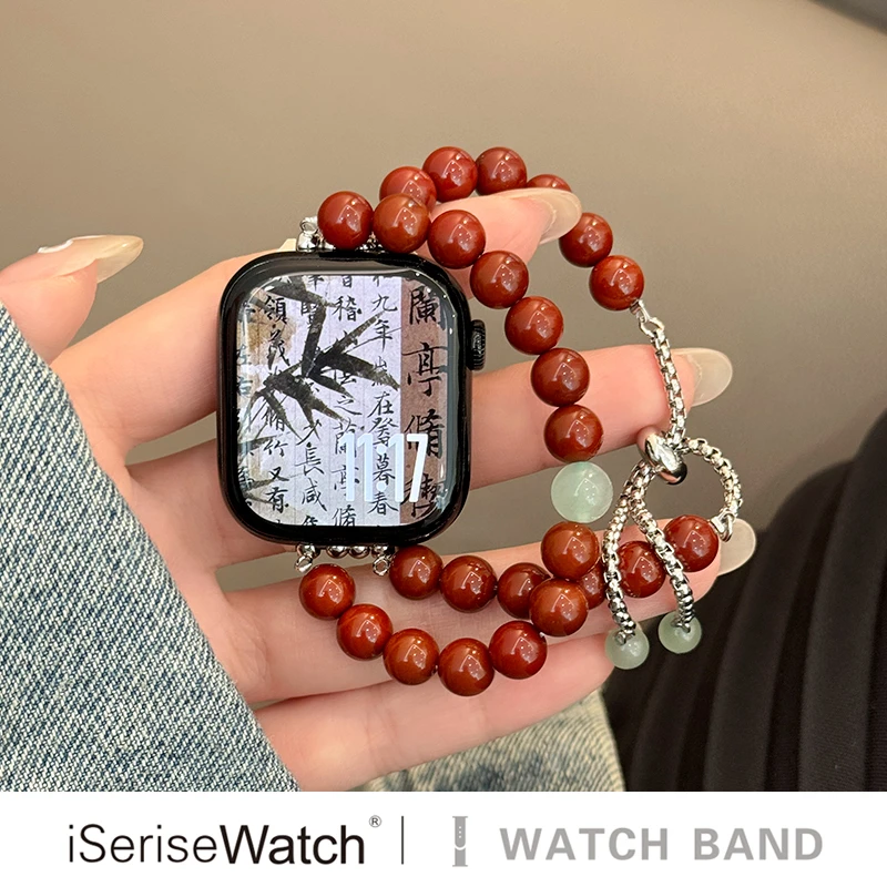 iserisewatch适用iWatchs11代表带苹果手表s10新中式手链红色串珠