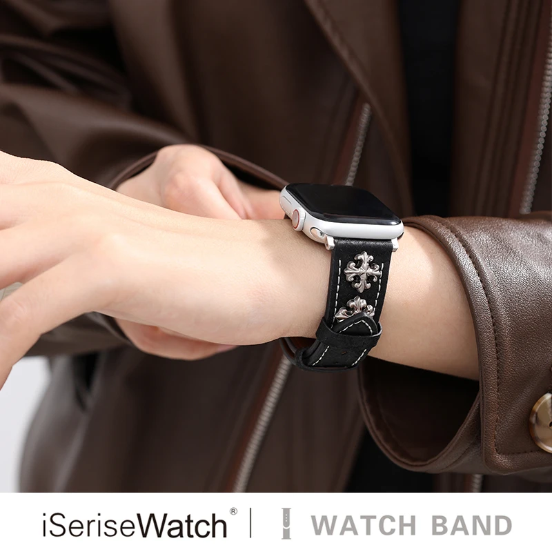 iserisewatch适用applewatch10手表高级感克罗心皮质潮酷春夏表带