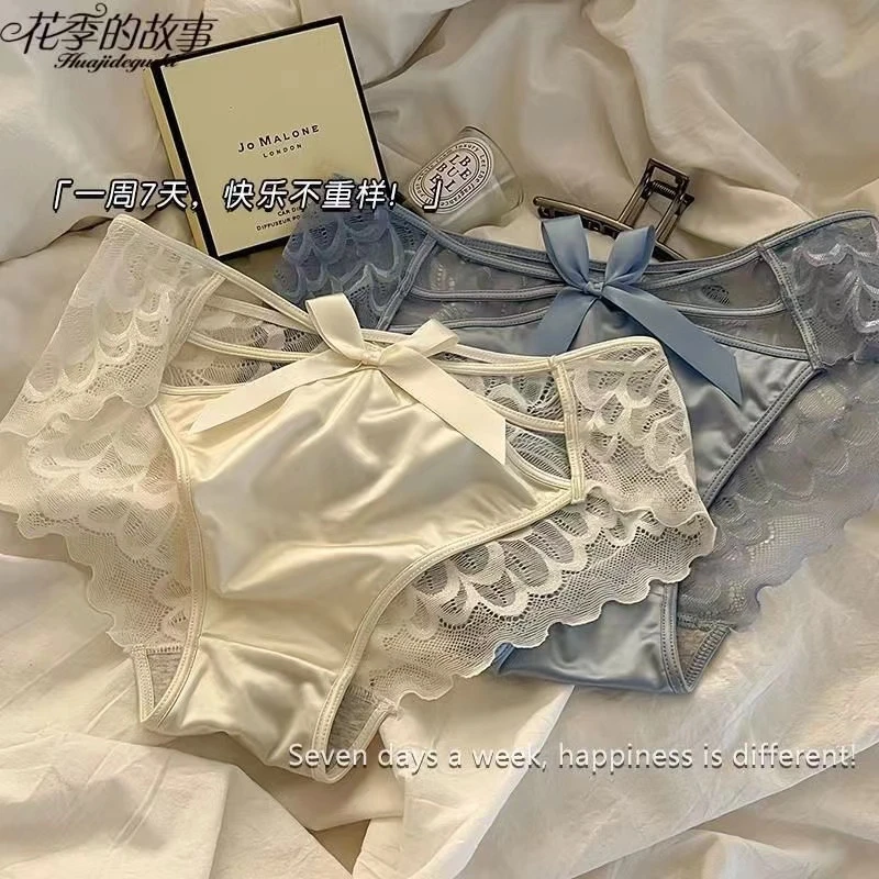 法式纯欲蝴蝶结镂空蕾丝舒适缎面透气性感棉裆中腰无痕女士内裤