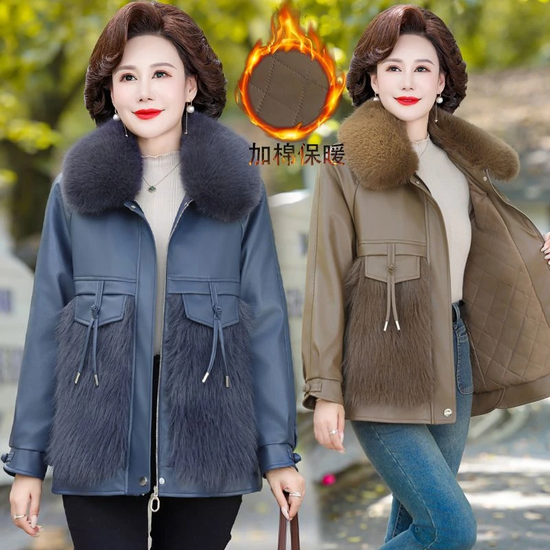 啄木鸟高档中老年女装冬装仿皮草外套加棉加厚妈妈装皮衣毛领保暖
