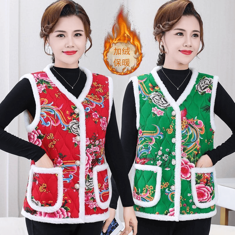 啄木鸟秋冬装东北大花加绒加厚马甲保暖小花袄民族风背心妈妈装坎