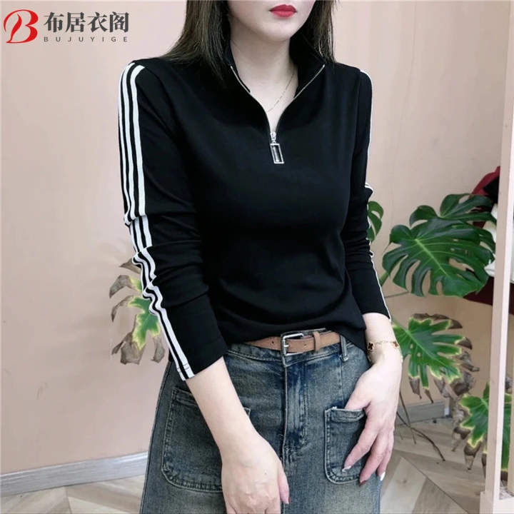2024春秋新款三条杠T恤女时尚显瘦百搭立领半拉链长袖内搭衣上衣