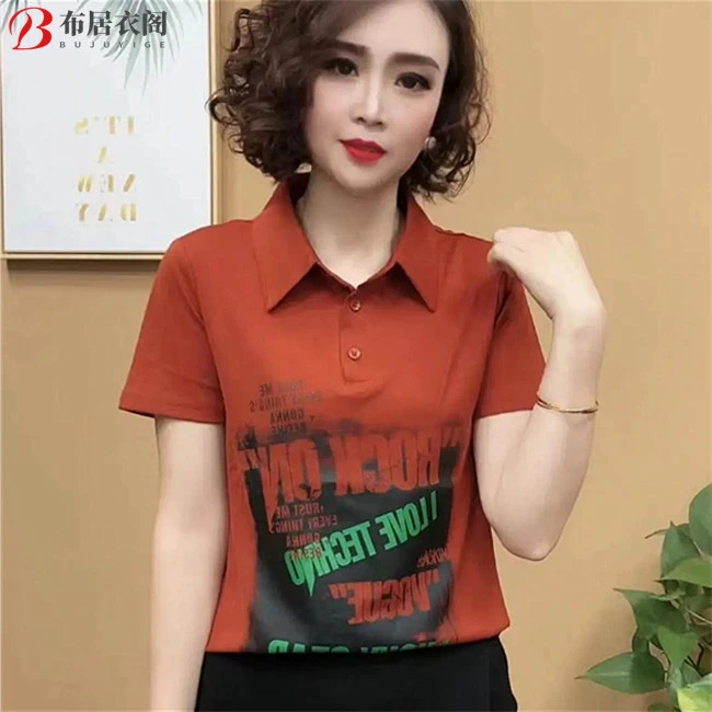 2025新款夏装t桖妈妈休闲印花短袖翻领t恤宽松中年女士polo衫上衣