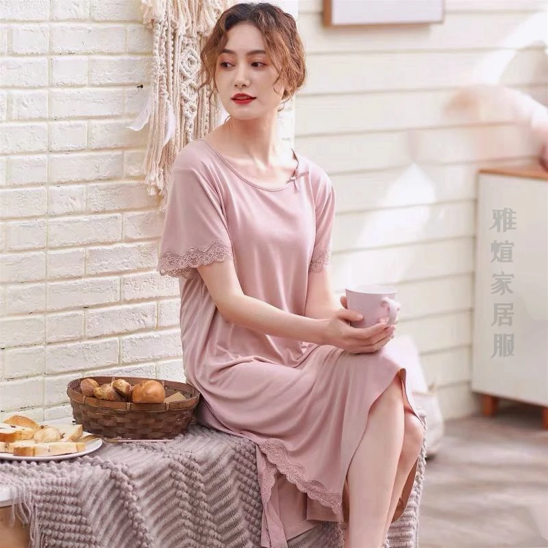 睡裙夏女高级莫代尔短袖薄款大码妈妈睡衣裙长款加大码家居服夏天