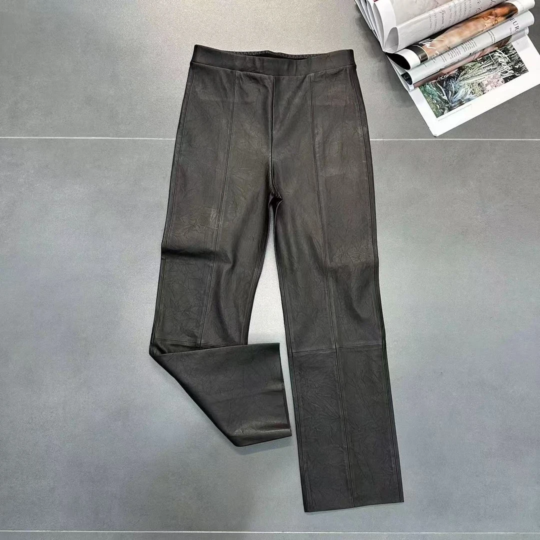 品千姿 超显瘦抓皱A级弹力绵羊皮皮裤松紧腰百搭休闲直筒85655