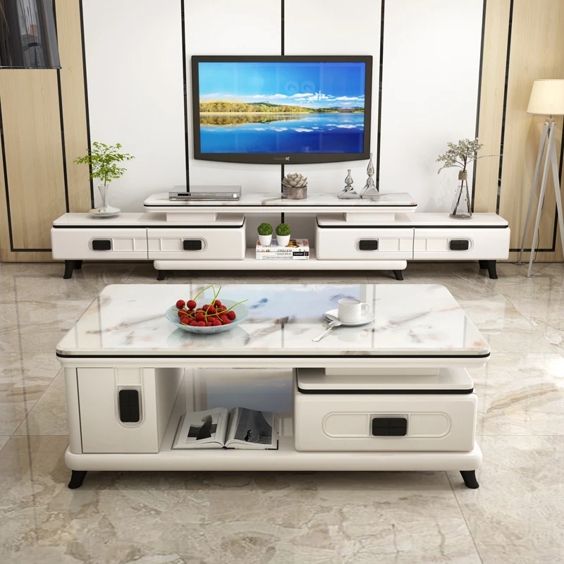 理石岩板茶几电视柜组合简约现代白色烤漆客厅矮柜大小户型可伸缩