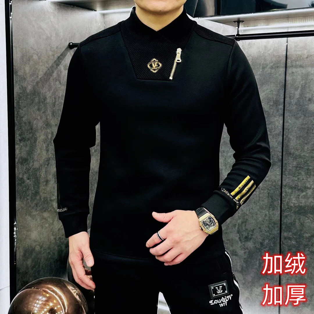 冬季巾帼领保暖中领时尚男士卫衣加绒拉链打底衫修身潮流长袖男装