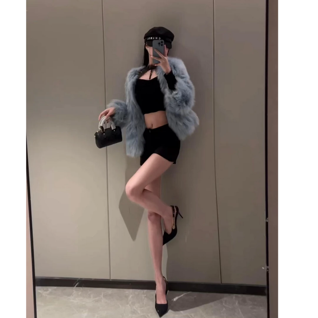 冬季新款时尚气质宽松外套内搭纯欲性感蕾丝打底衫上衣短裤套装女