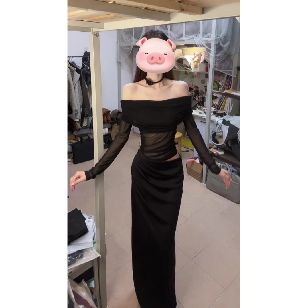 2024秋季新款性感时尚气质一字肩网纱镂空黑色长款连衣裙女