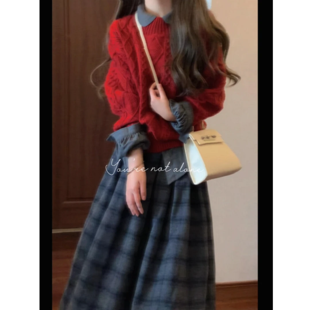 秋冬季新款复古法式时尚毛衣针织内搭衬衫上衣高级感半身裙套装女