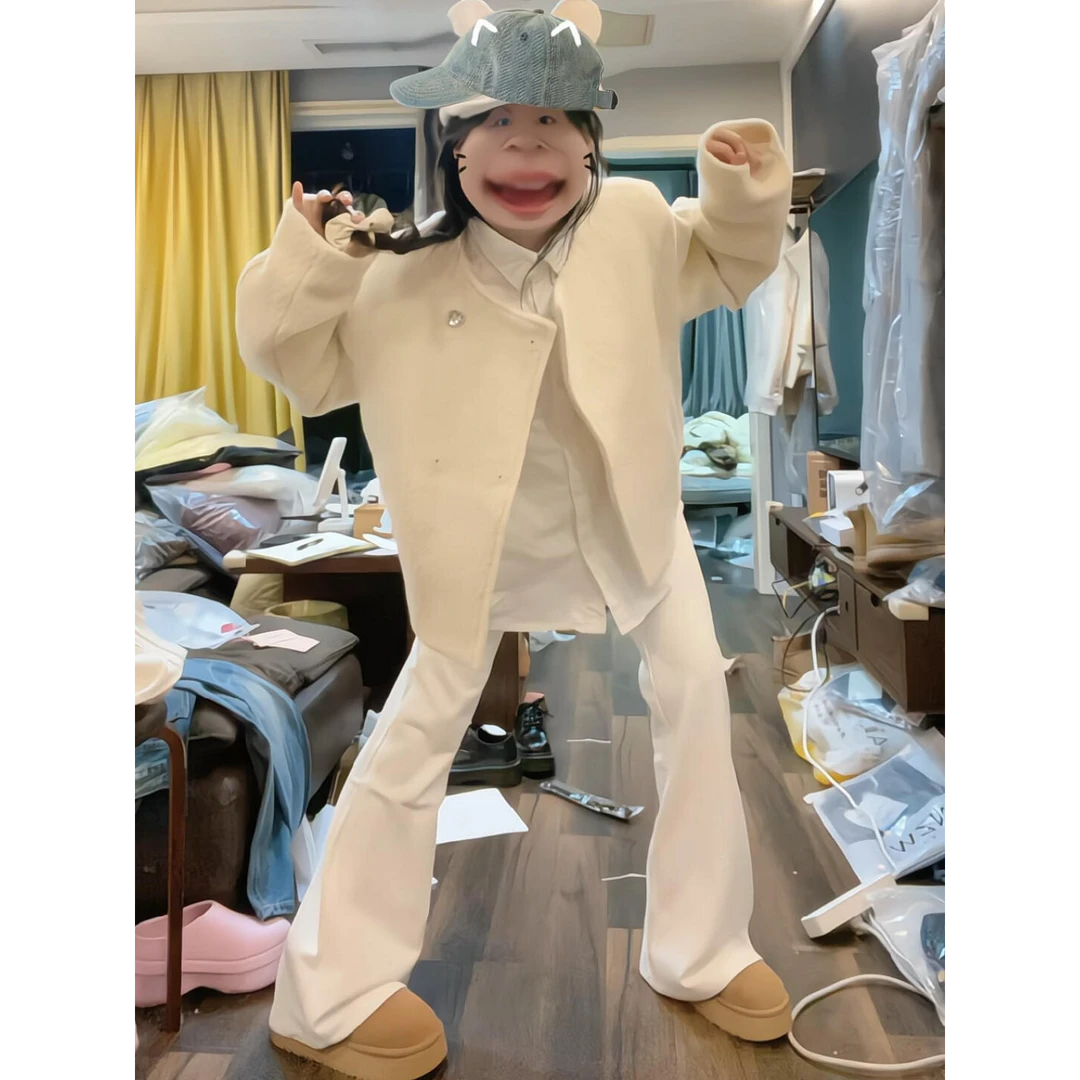 秋冬米白色小香风法式高级感短款外套内搭衬衫上衣长裤显瘦套装女
