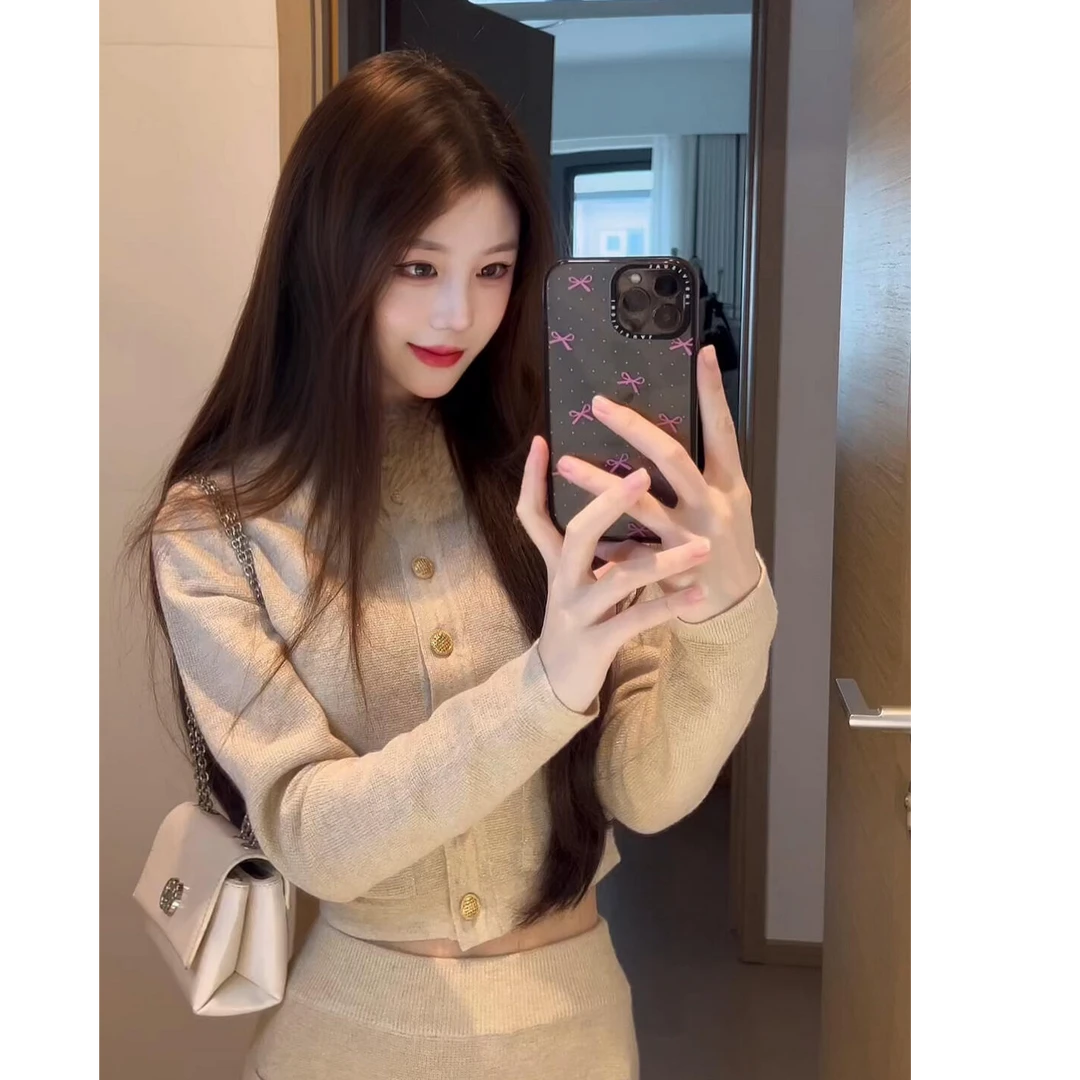 2024秋季新款时尚气质纯欲风针织上衣搭高腰包臀半身裙两件套套装