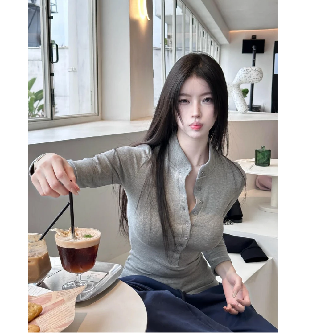 秋冬新款螺纹打底衫内搭高级感灰色修身长袖针织衫搭阔腿长裤套装