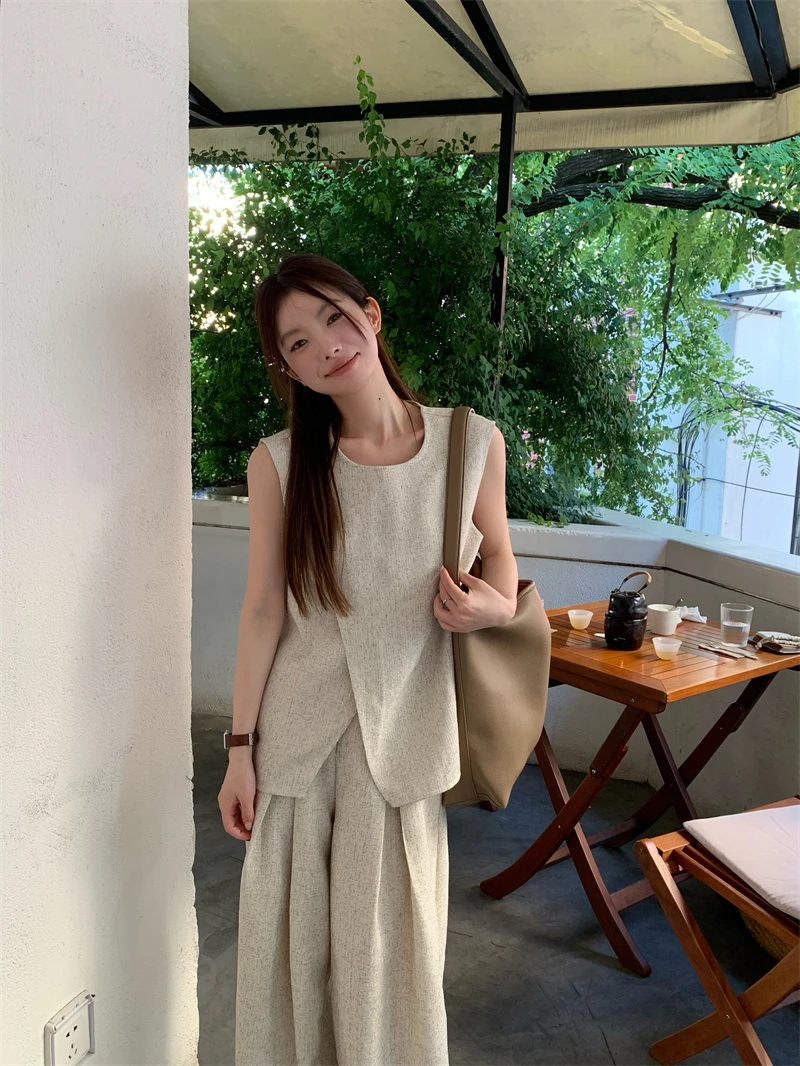 新款法式时尚小众不规则廓形马甲上衣搭高腰显瘦阔腿长裤两件套女