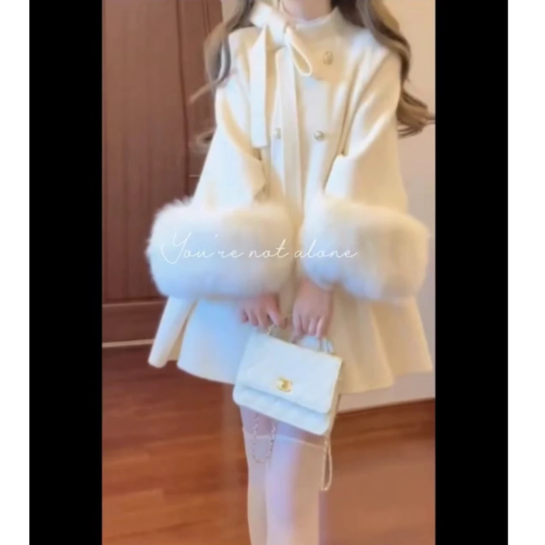 2024冬季韩版温柔风加厚蝴蝶结呢子大衣甜系千金感毛呢外套女冬