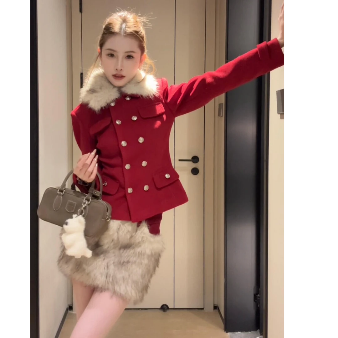 2024秋冬新款时尚气质毛绒翻领双排扣收腰毛呢外套半身裙显瘦套装