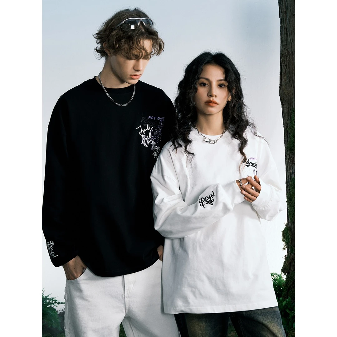 【蒲熠星同款】重磅刺绣美式高街ins长袖T恤男女潮牌圆领宽松秋打底