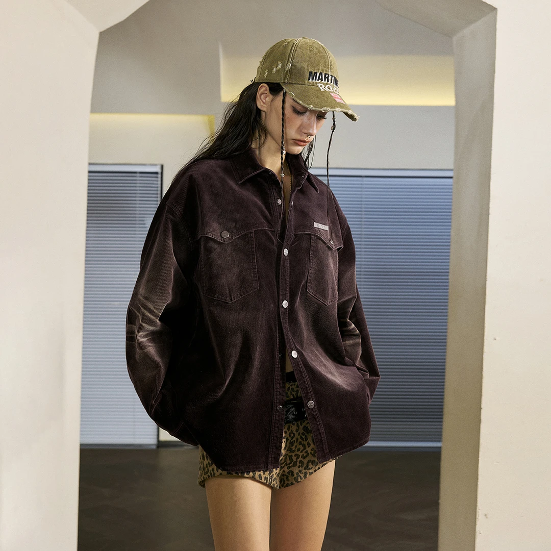 FORNINES复古水洗做旧灯芯绒衬衫外套男潮牌长袖春秋新款美式夹克