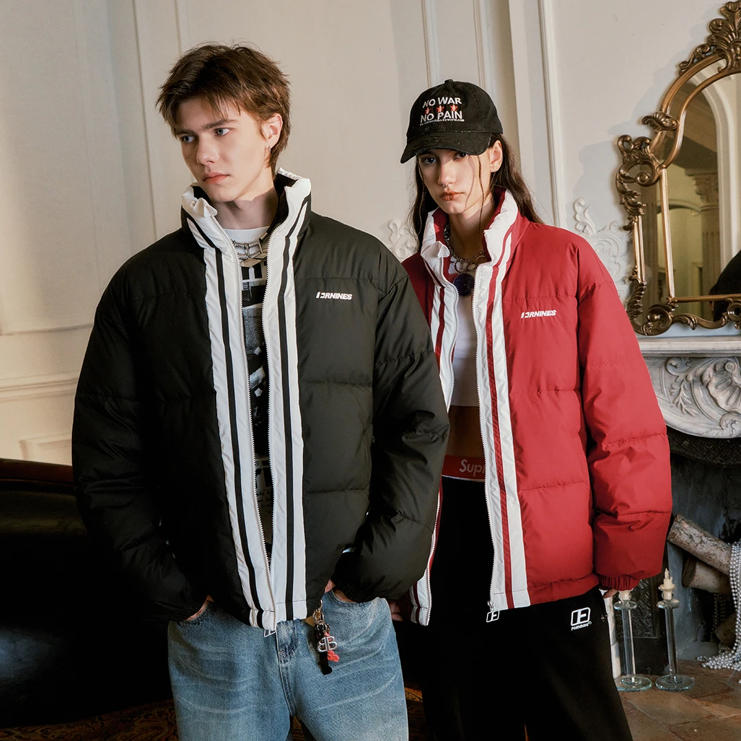 FORNINES防泼水撞色立领皮面棉衣男女宽松面包服潮牌冬季美式外套