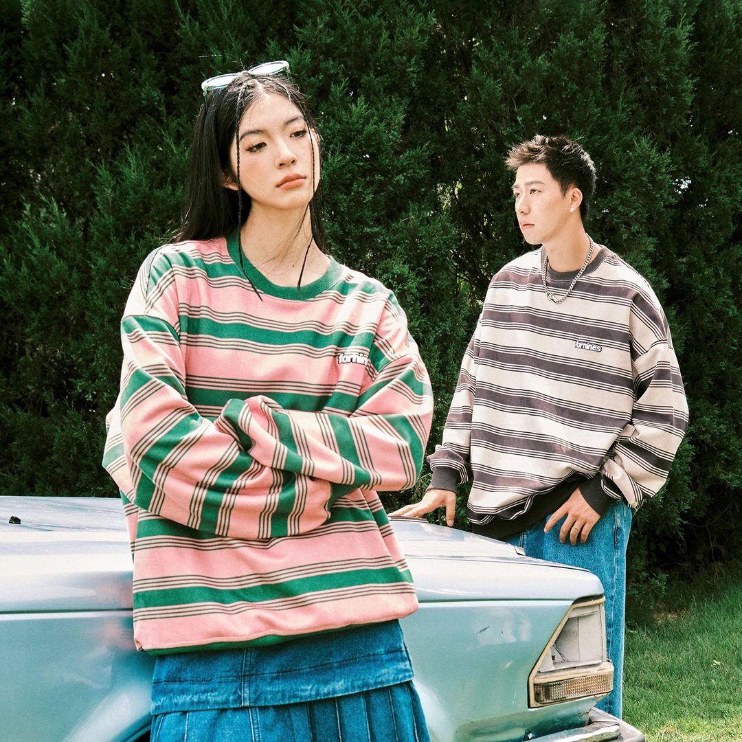 FORNINES秋新款复古条纹麂皮绒圆领卫衣男女潮牌户外宽松休闲长袖