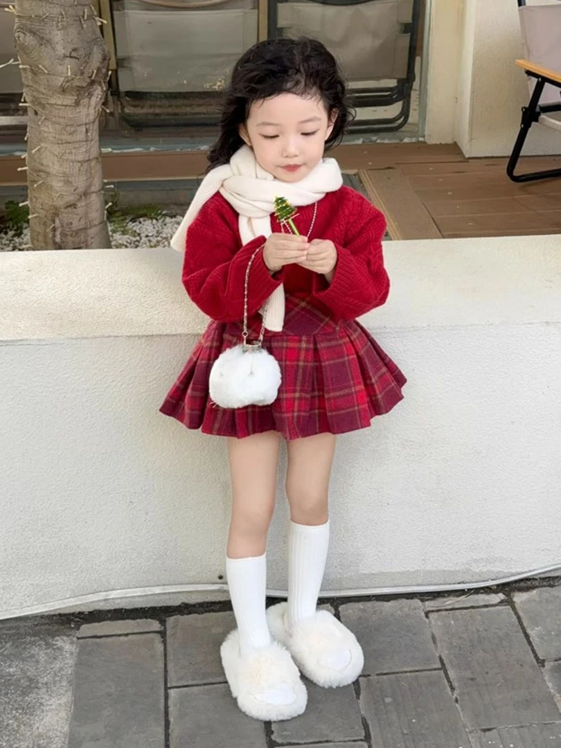韩版女童2024秋冬新款圣诞新年红色针织毛衣女宝宝洋气上衣百褶裙