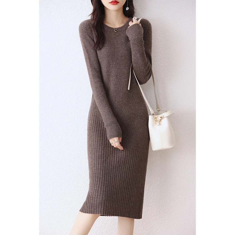 绒女秋冬款圆领针织打底衫长袖套头女外穿羊毛衫连衣裙RT995