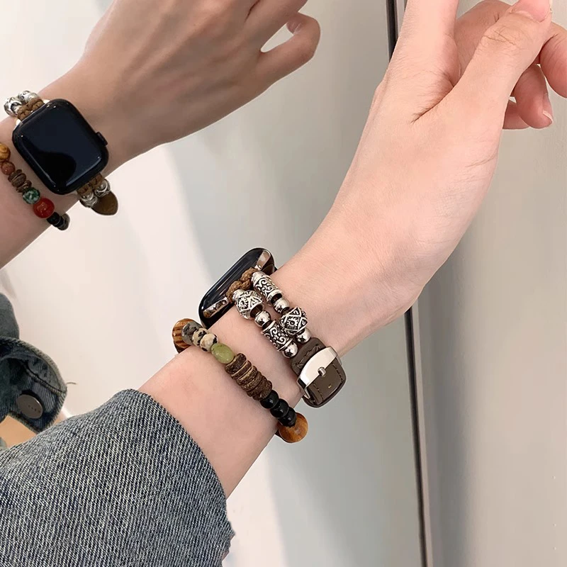 表带哥适用applewatch8棕色iwatchs9苹果手表皮质se/7/6串珠新款