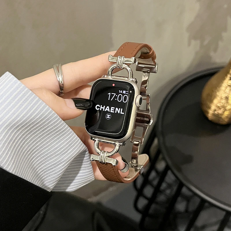 表带哥适用iwatchs9/8表带蝴蝶扣s7苹果手表6金属5拼接4真皮表带