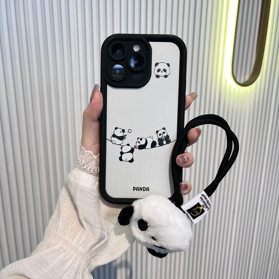 适用苹果16华为小米熊猫集合糖果阶梯黑色卡通防摔全包手机壳